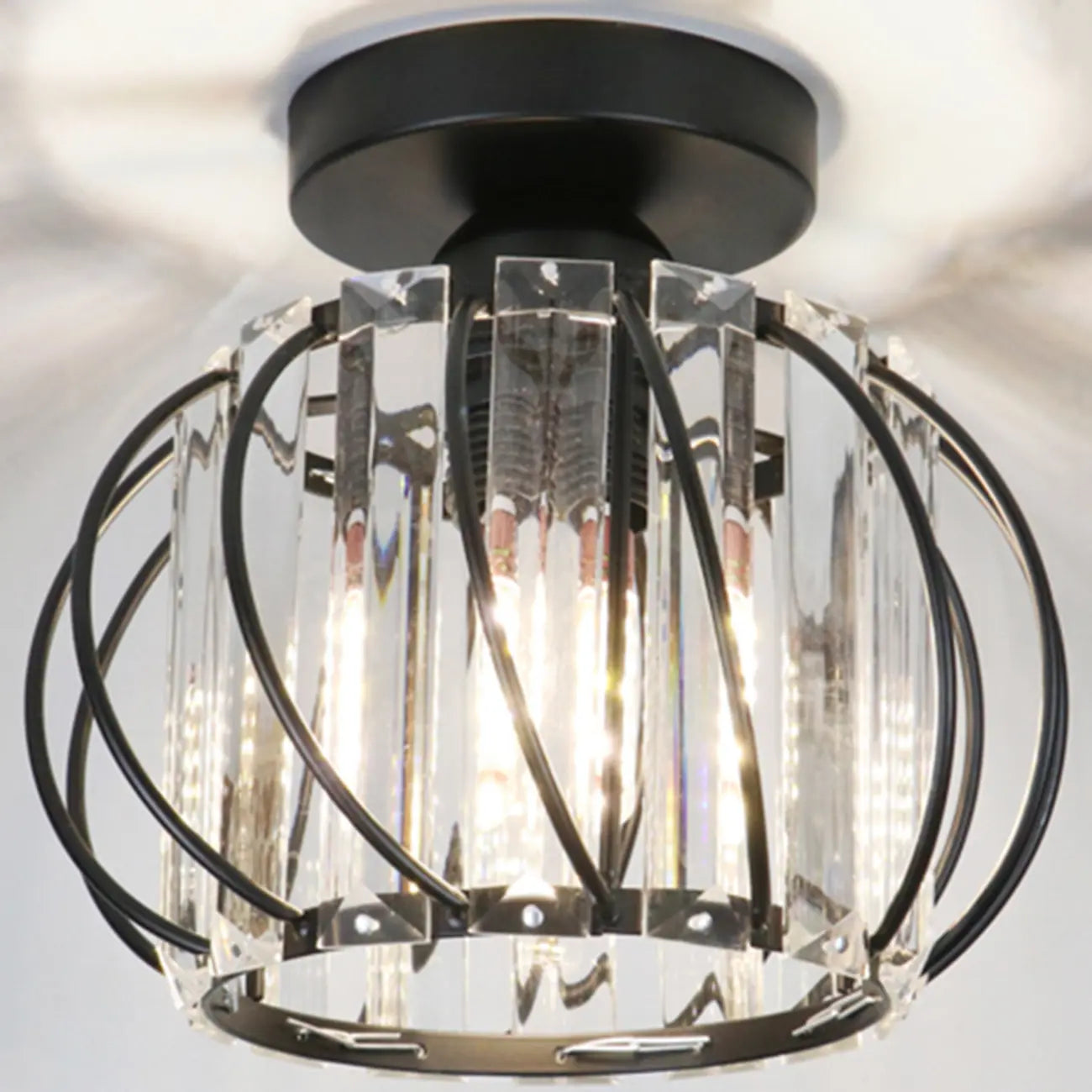 Modern Black Crystal Semi-Flush Ceiling Light Fixture for Aisle
