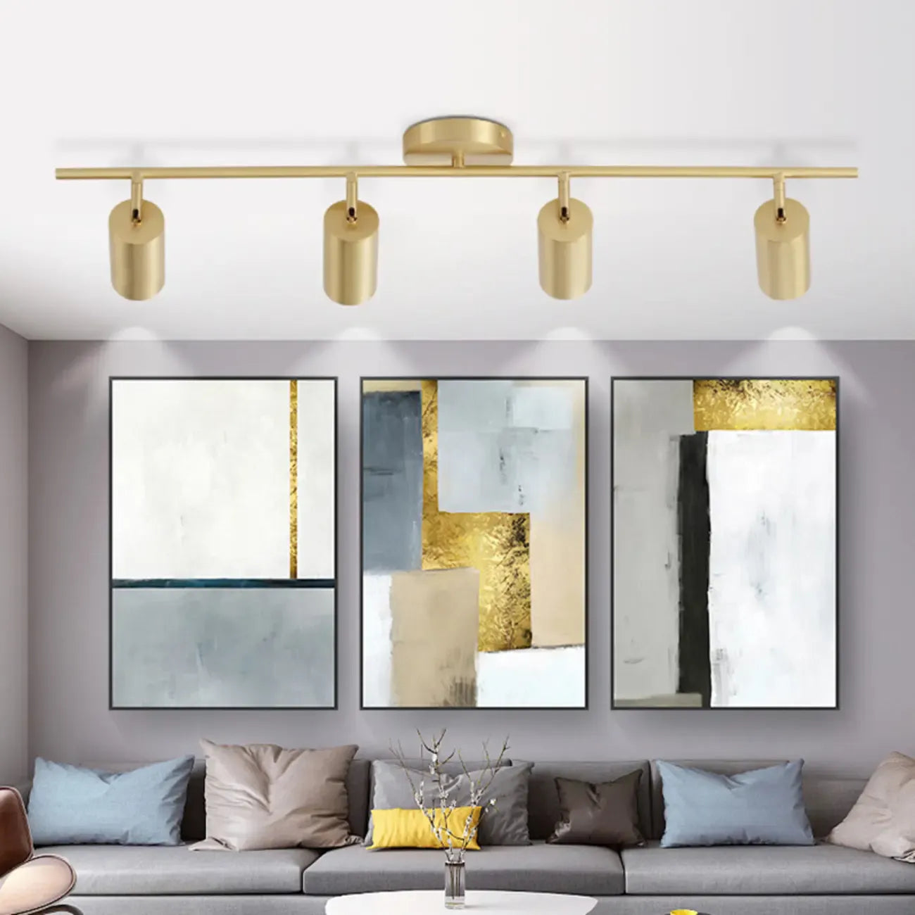Minimalist Gold Cylinder Semi Flush Mount Adjustable Track Light