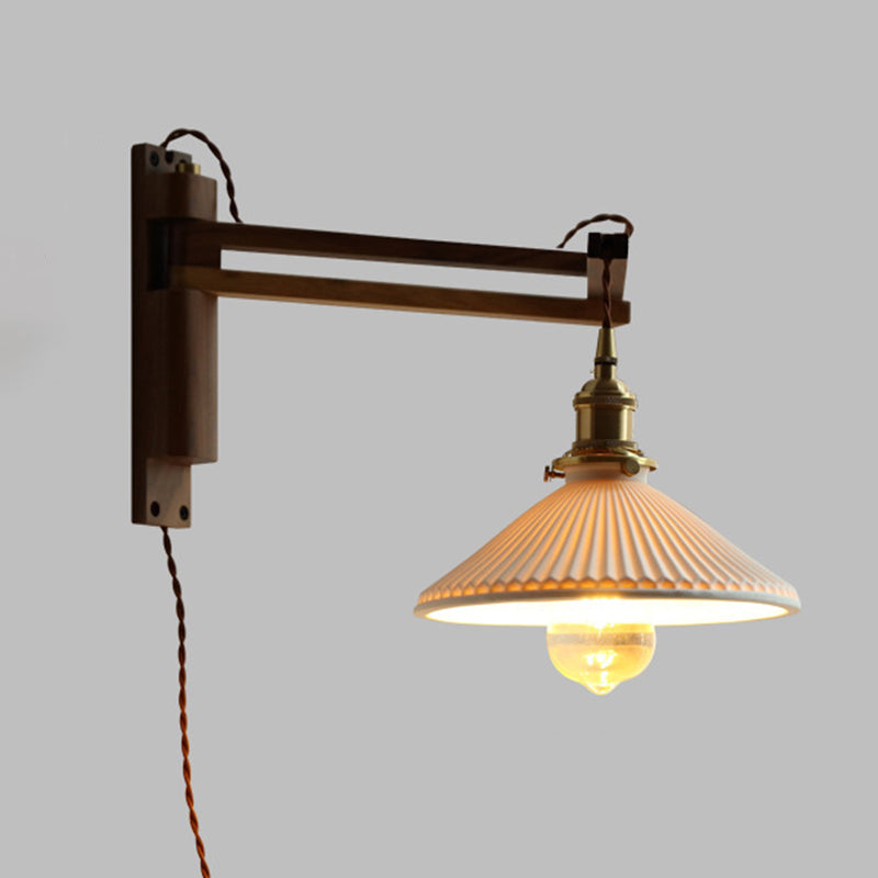 Vintage Wood Natural Plug-In Swing Arm Wall Light