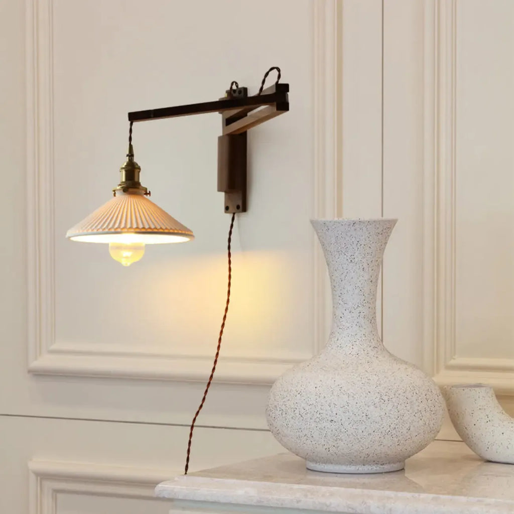 Vintage Wood Natural Plug-In Swing Arm Wall Light
