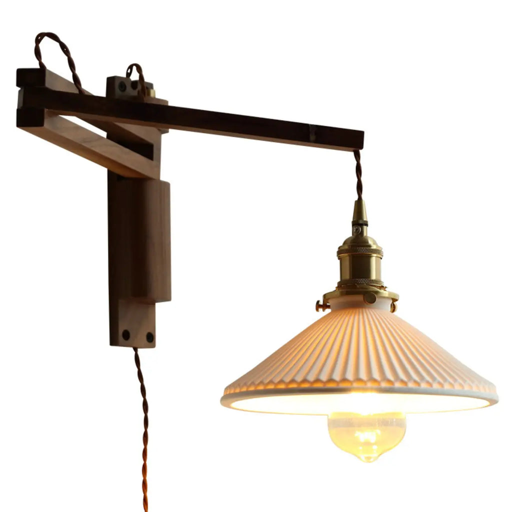 Vintage Wood Natural Plug-In Swing Arm Wall Light