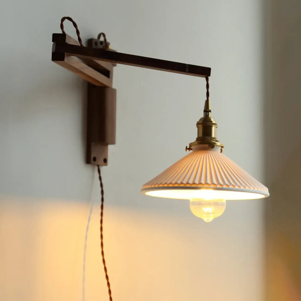 Vintage Wood Natural Plug-In Swing Arm Wall Light