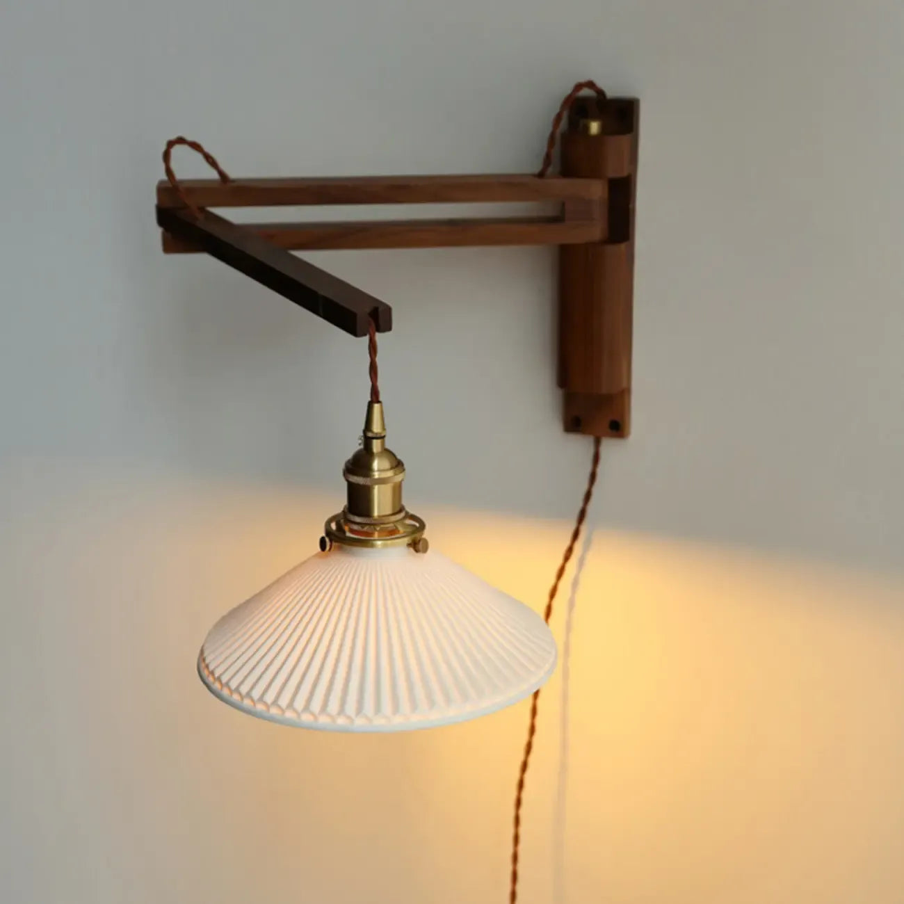 Vintage Wood Natural Plug-In Swing Arm Wall Light