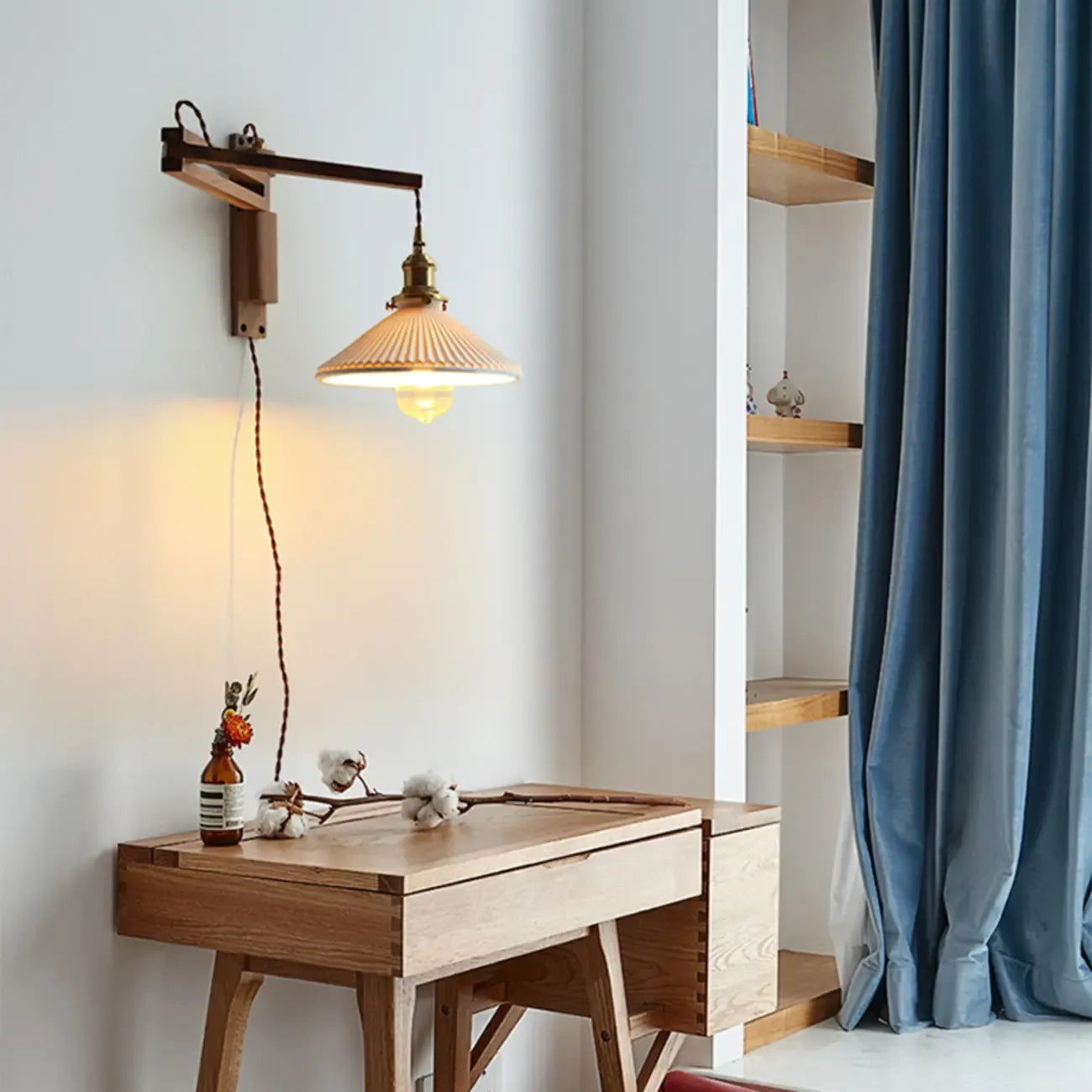 Vintage Wood Natural Plug-In Swing Arm Wall Light