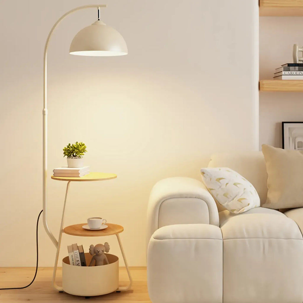 Arc Modern Cream Iron Bowl Floor Lamp with Shelf