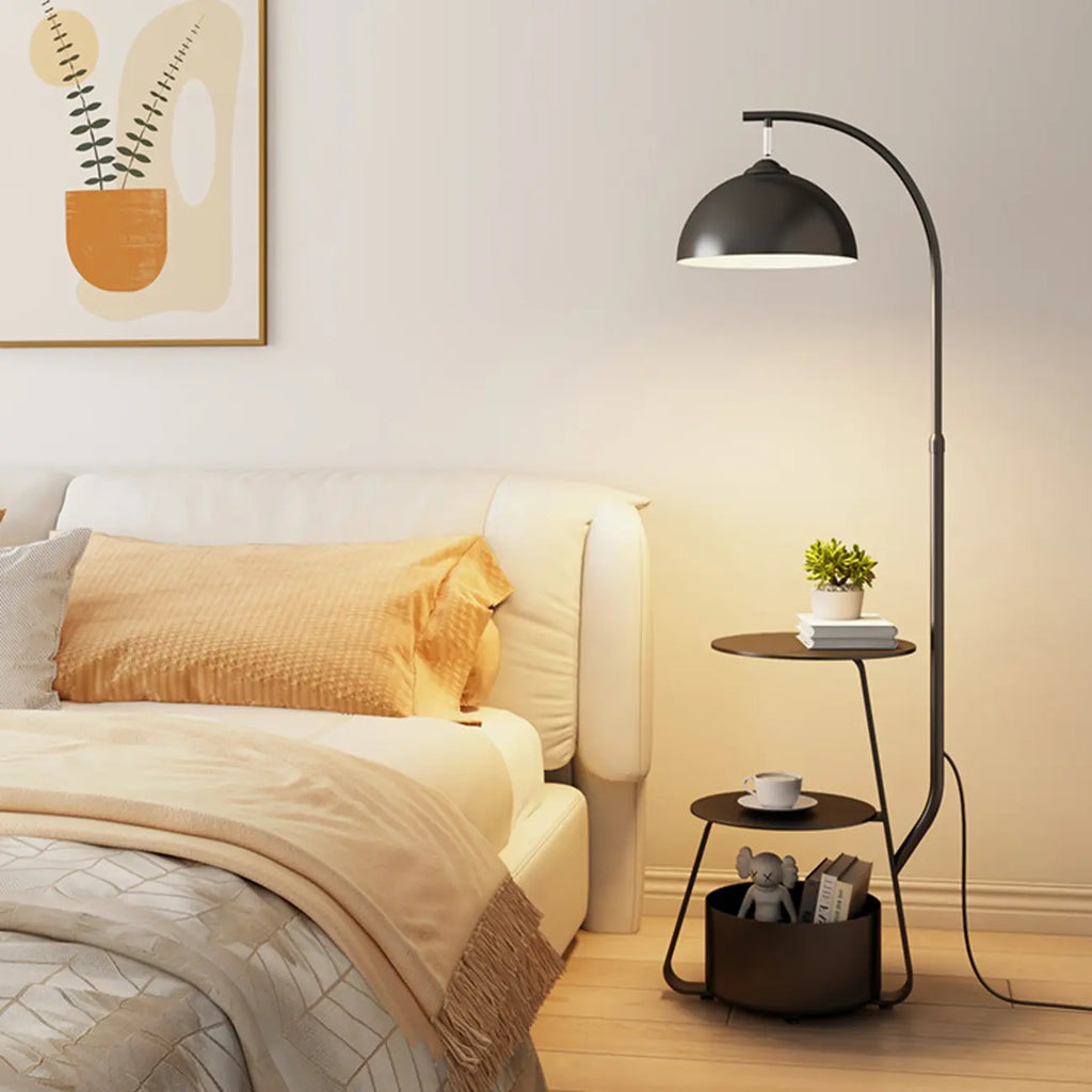 Arc Modern Cream Iron Bowl Floor Lamp with Shelf