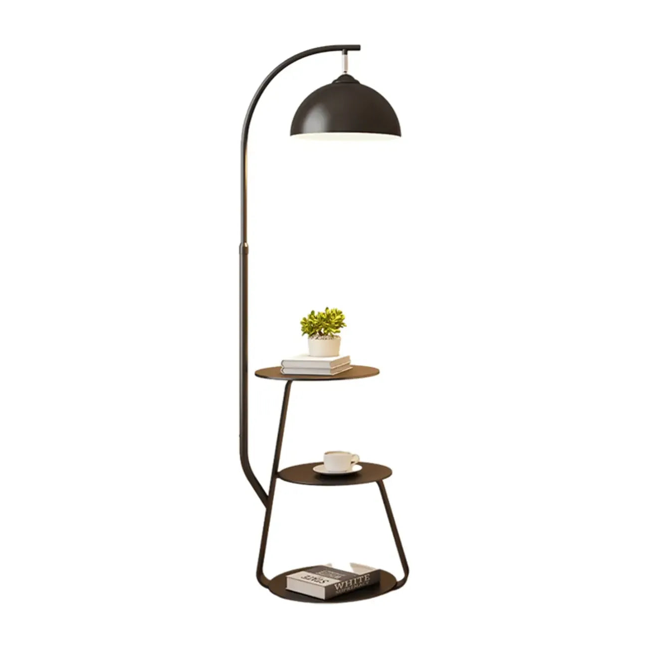 Arc Modern Cream Iron Bowl Floor Lamp with Shelf