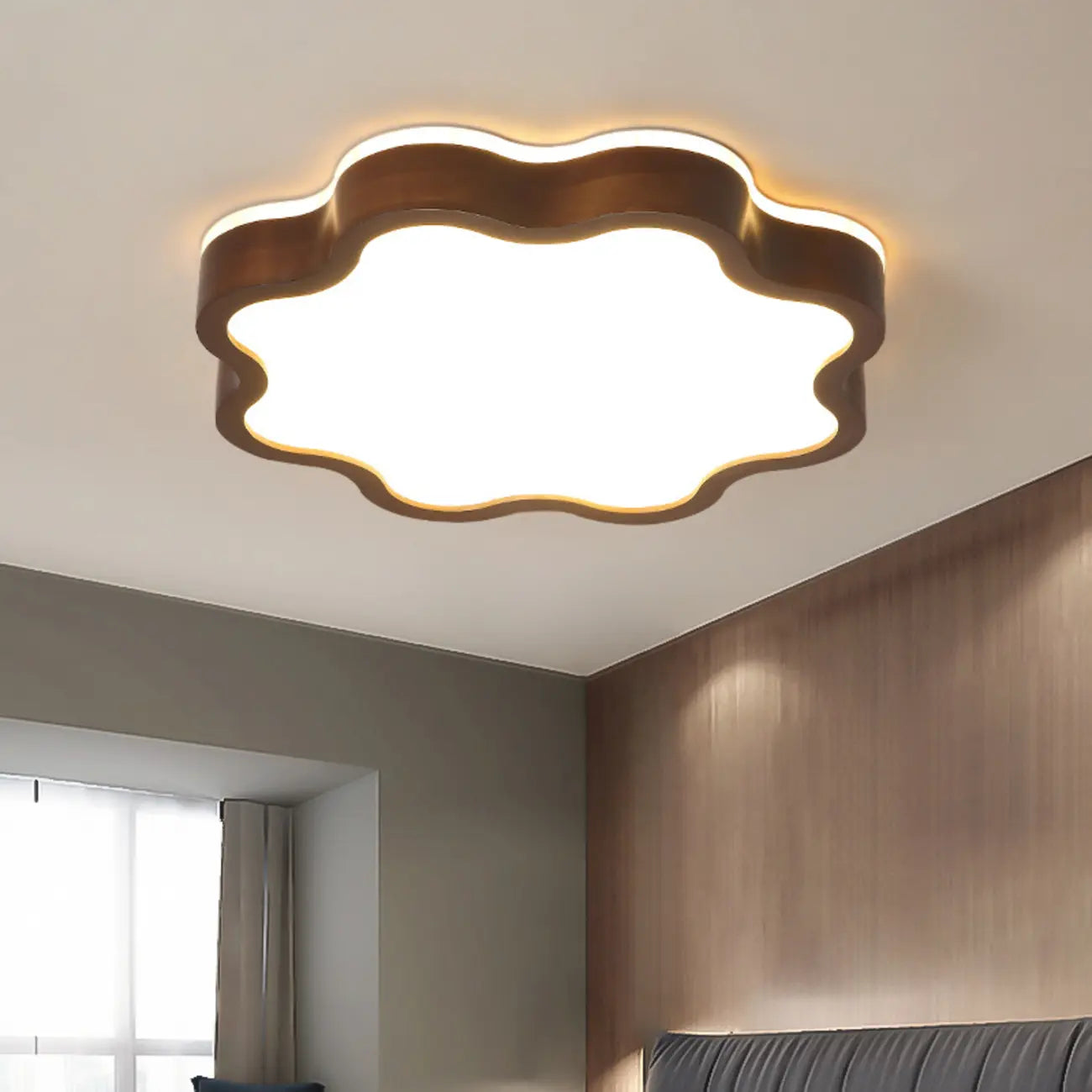 Walnut Wood Floral LED Flush Mount Ceiling Light