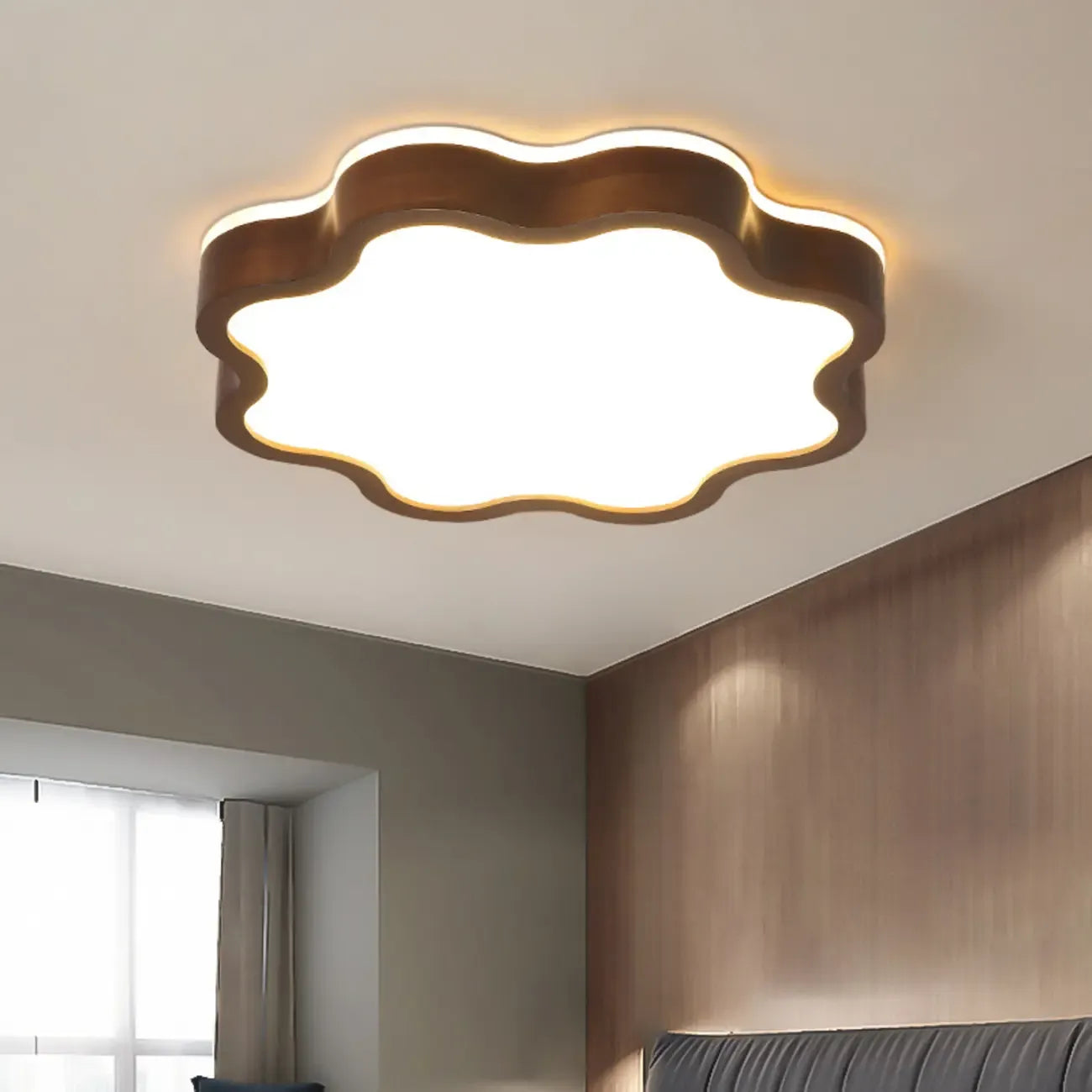 Walnut Wood Floral LED Flush Mount Ceiling Light
