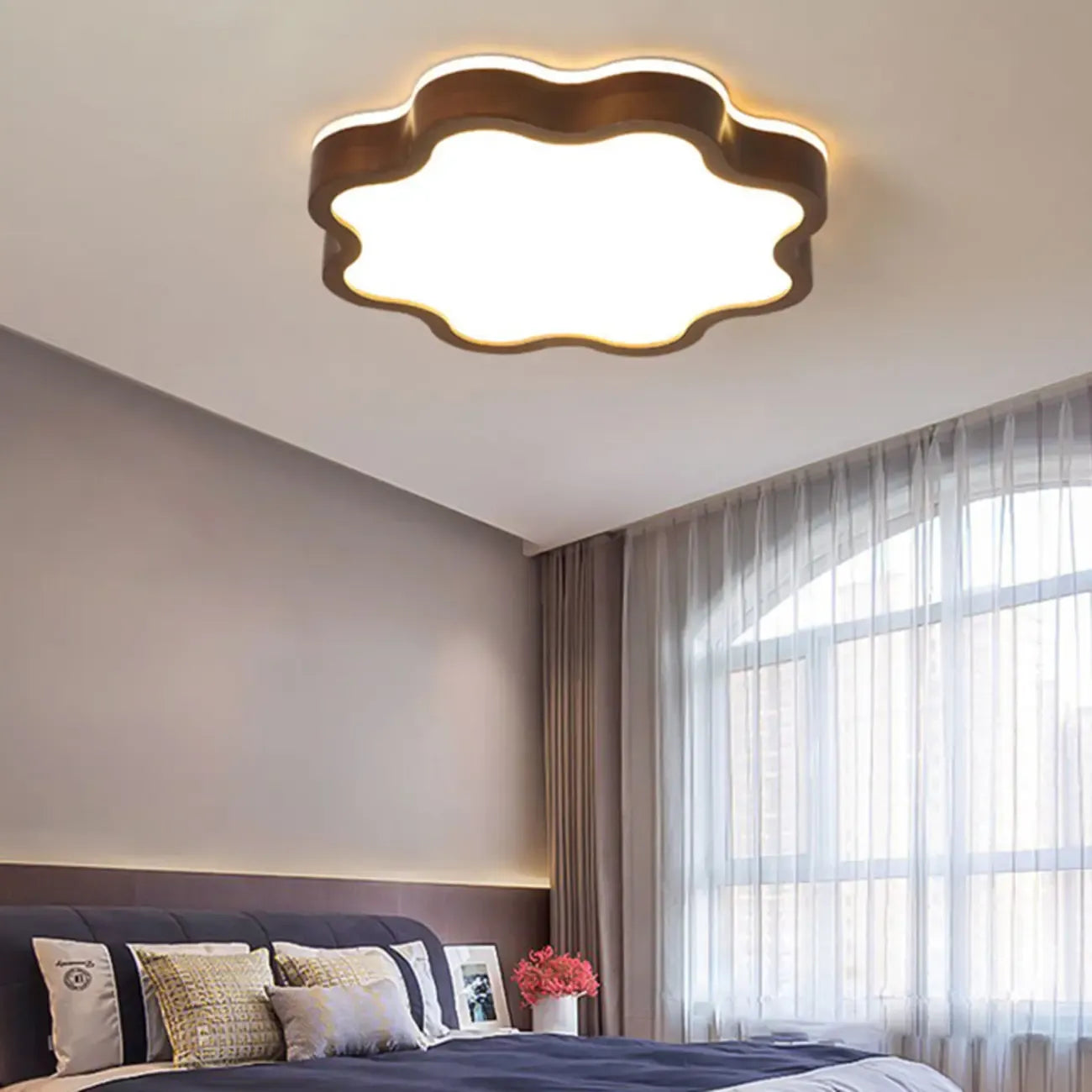 Walnut Wood Floral LED Flush Mount Ceiling Light