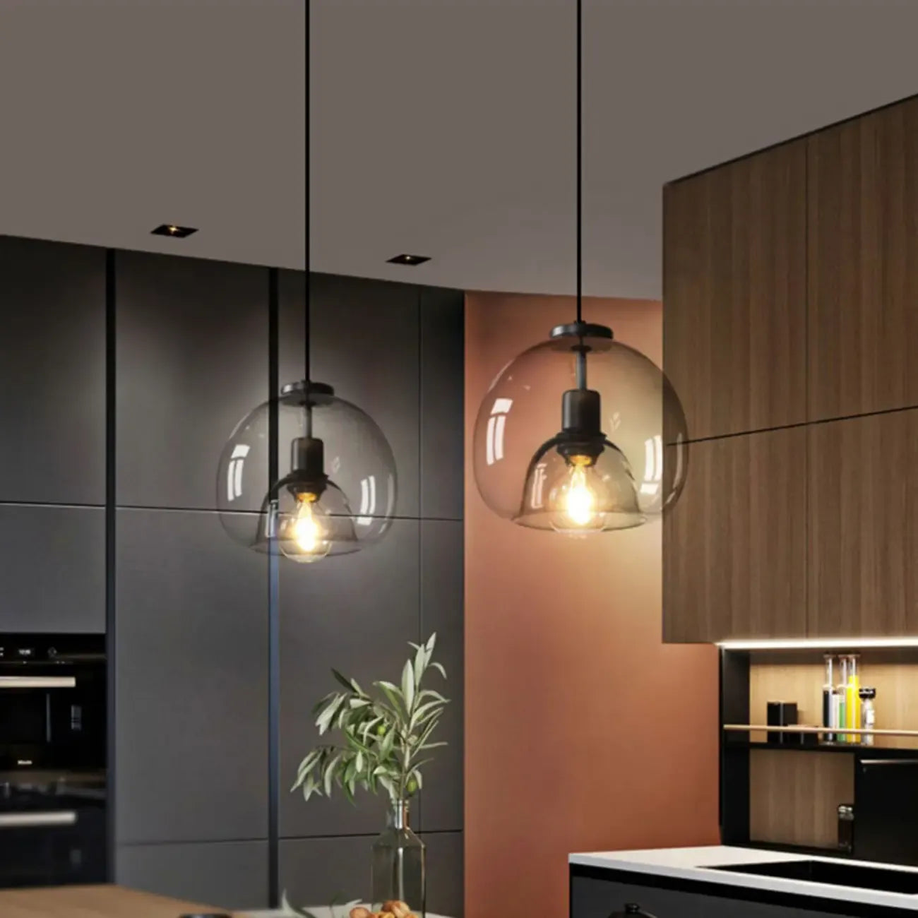Modern Black Globe Glass Island Pendant Light for Kitchen