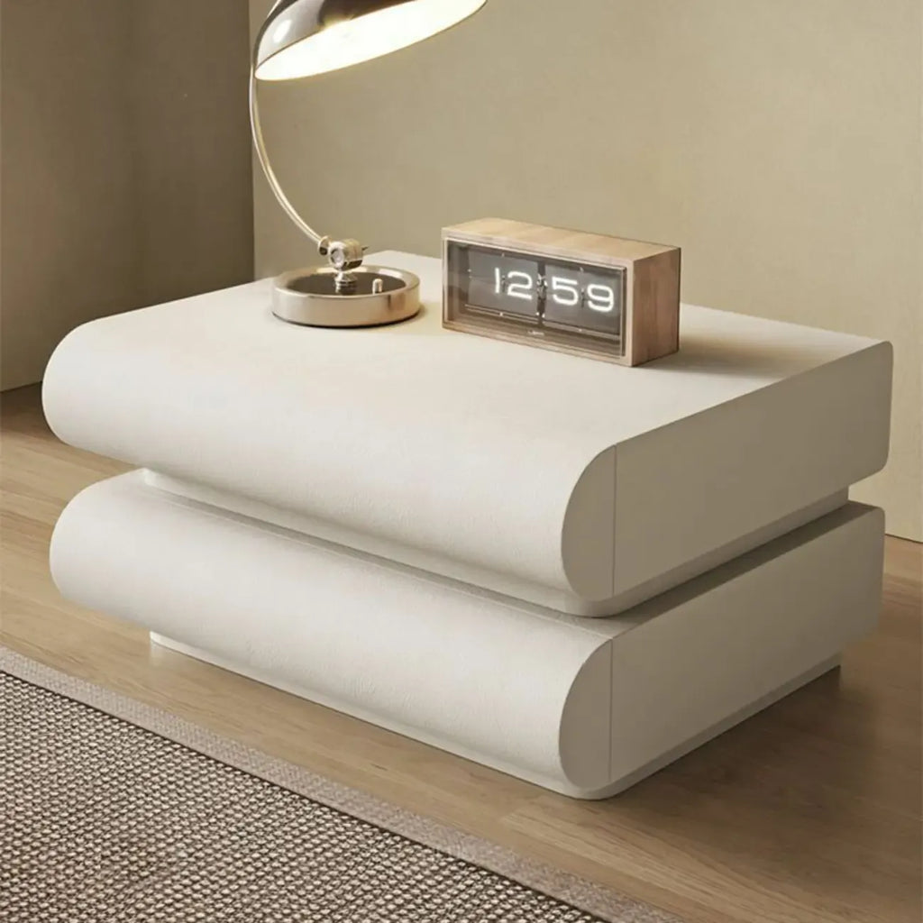 Modern White Pine Wood Leather 2-Drawer Nightstand