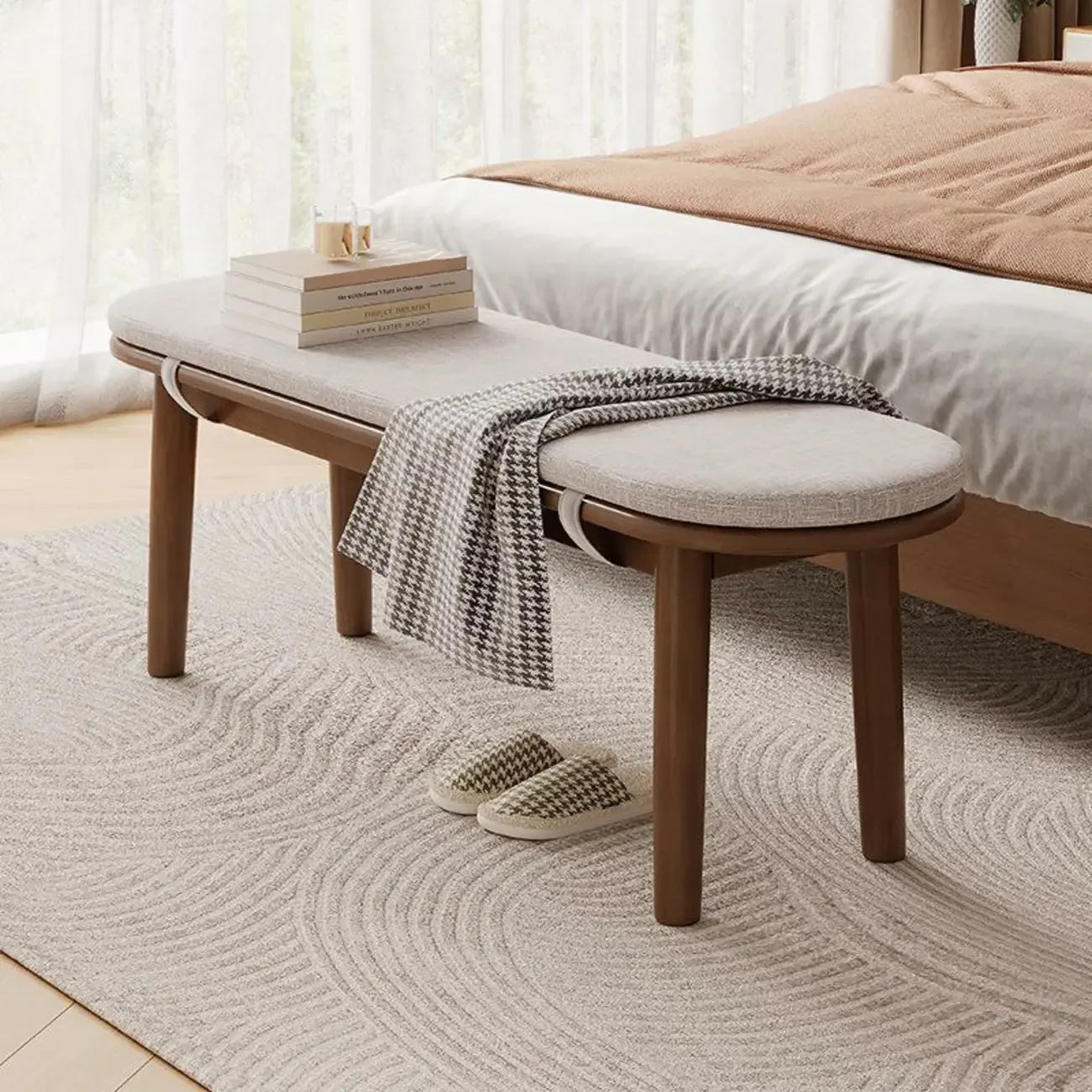 Art Deco Natural Wood Solid Color Bench with Straight Legs