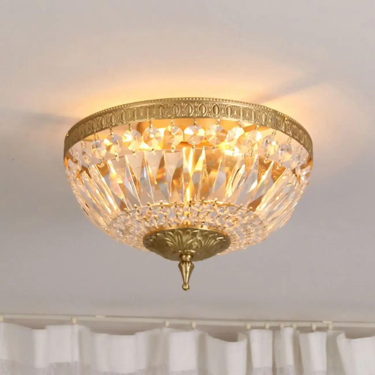 European Classical Crystal Brass Drum Flush Ceiling Light