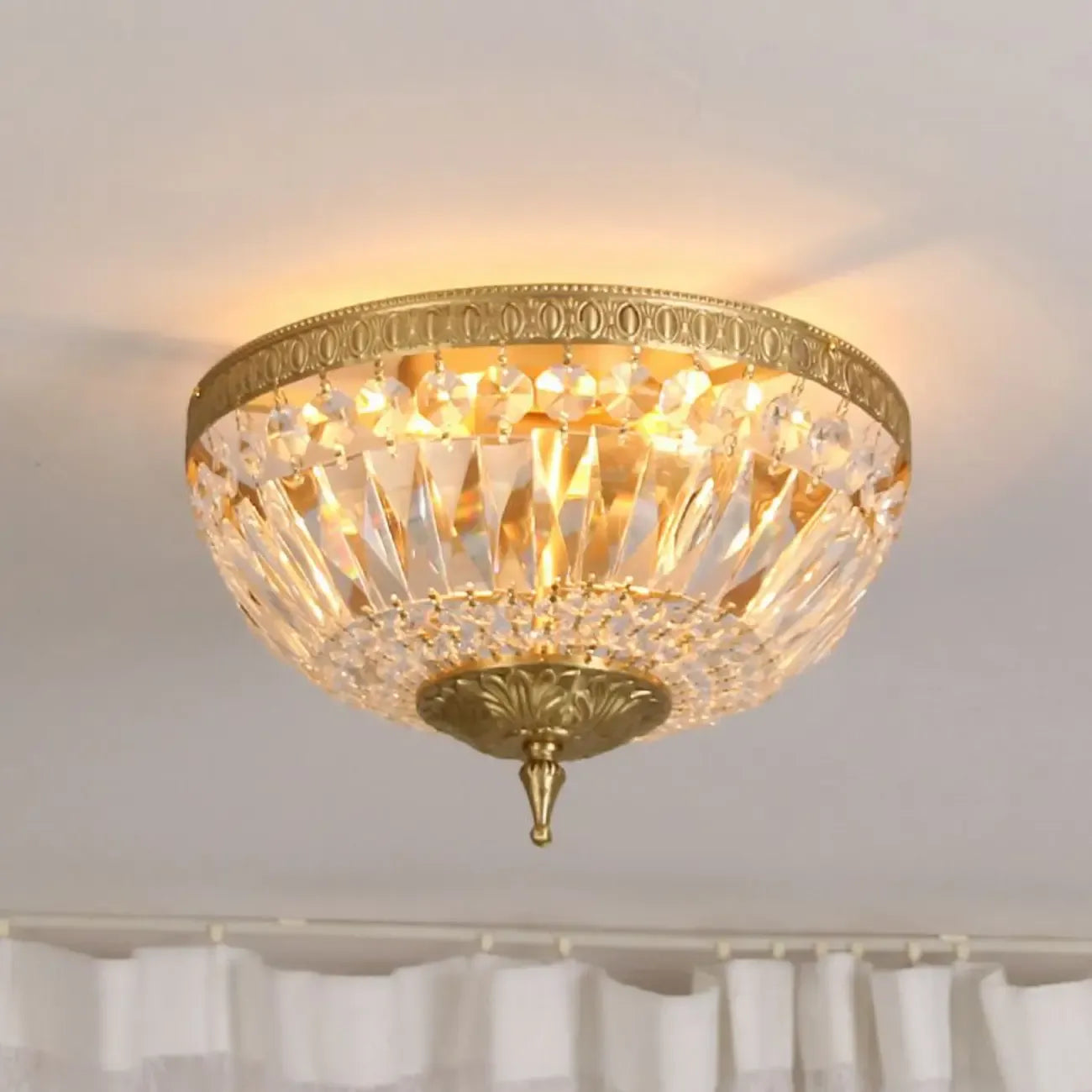 European Classical Crystal Brass Drum Flush Ceiling Light