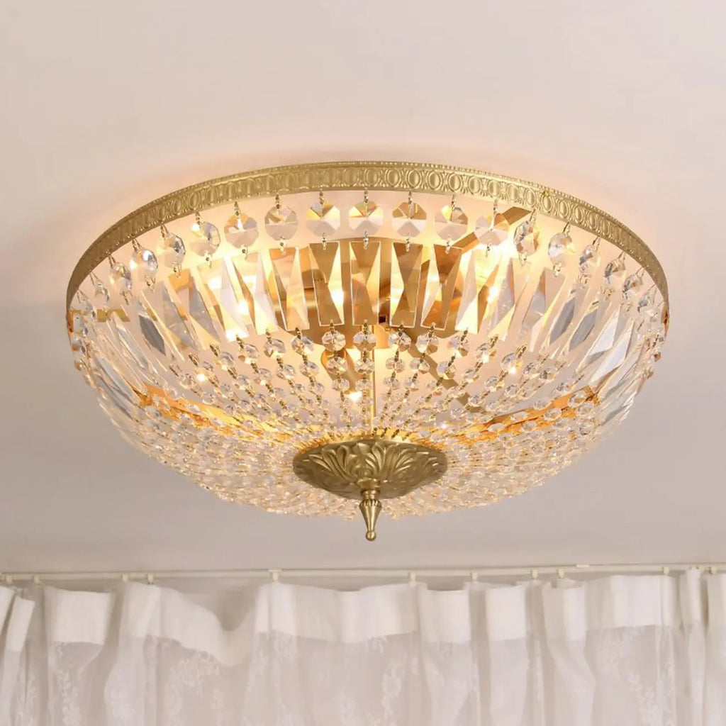 European Classical Crystal Brass Drum Flush Ceiling Light