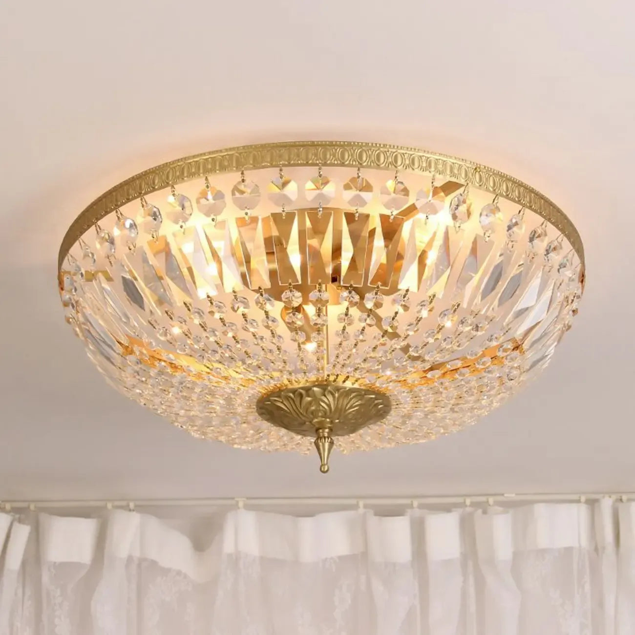 European Classical Crystal Brass Drum Flush Ceiling Light