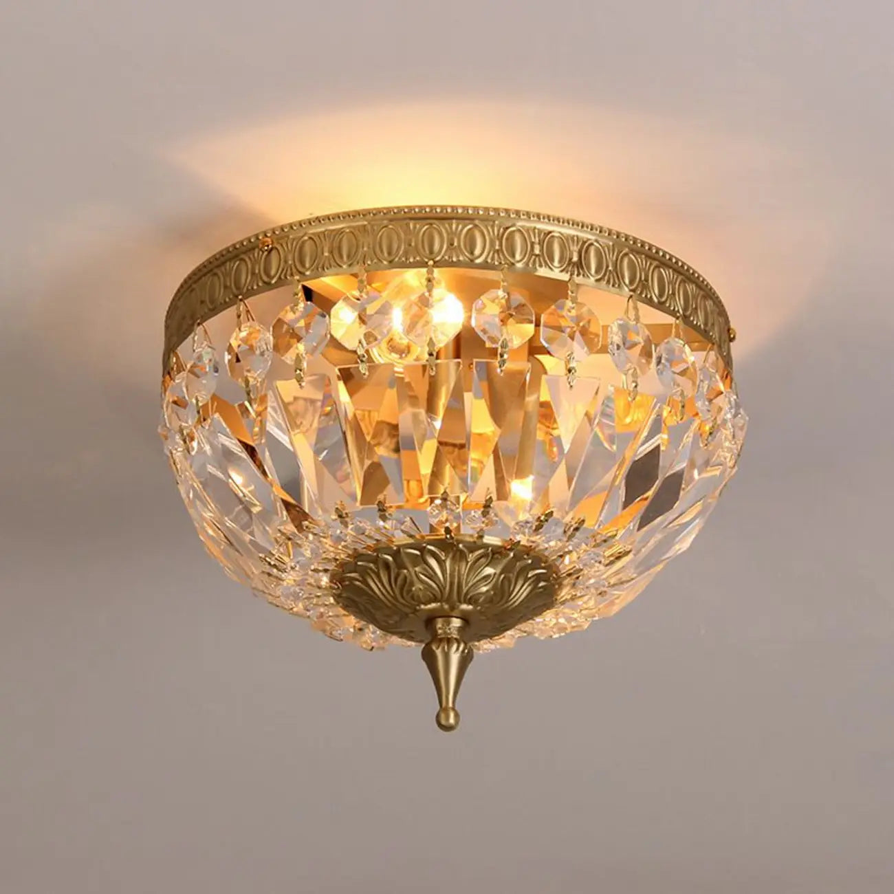 European Classical Crystal Brass Drum Flush Ceiling Light
