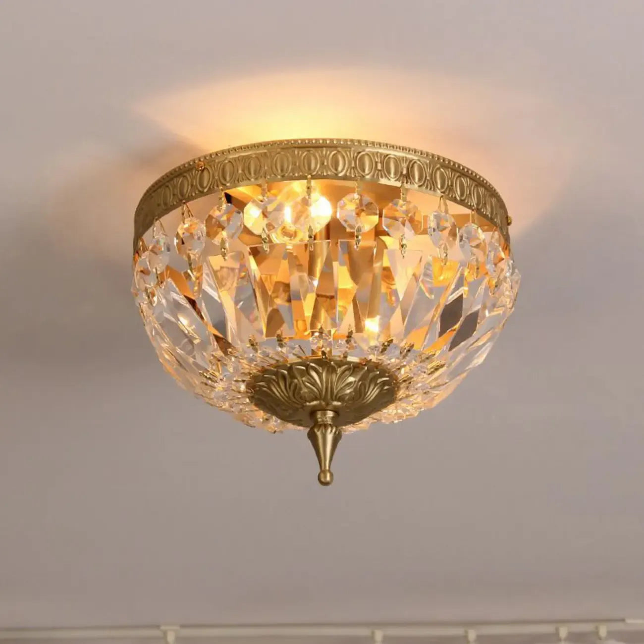 European Classical Crystal Brass Drum Flush Ceiling Light