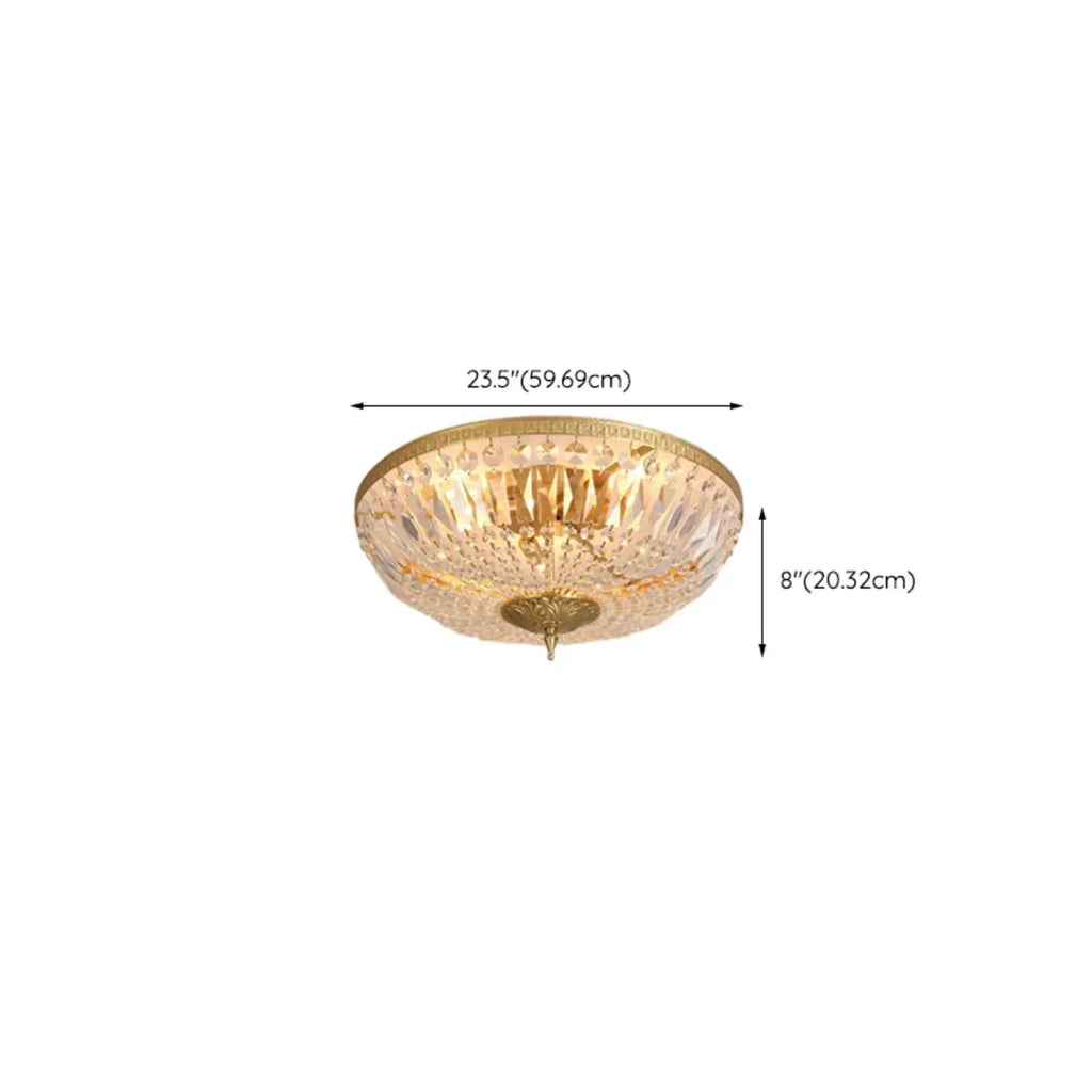 European Classical Crystal Brass Drum Flush Ceiling Light