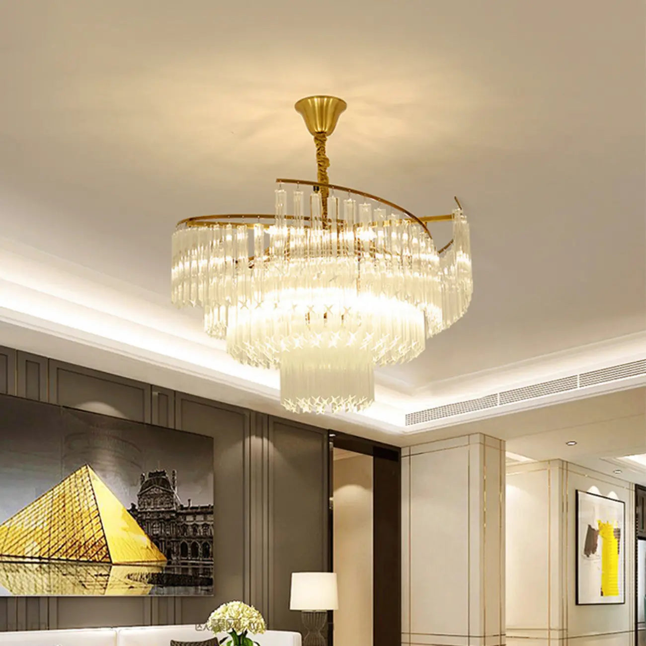 Modern Tier Round Gold Crystal Chandelier Height Adjustable