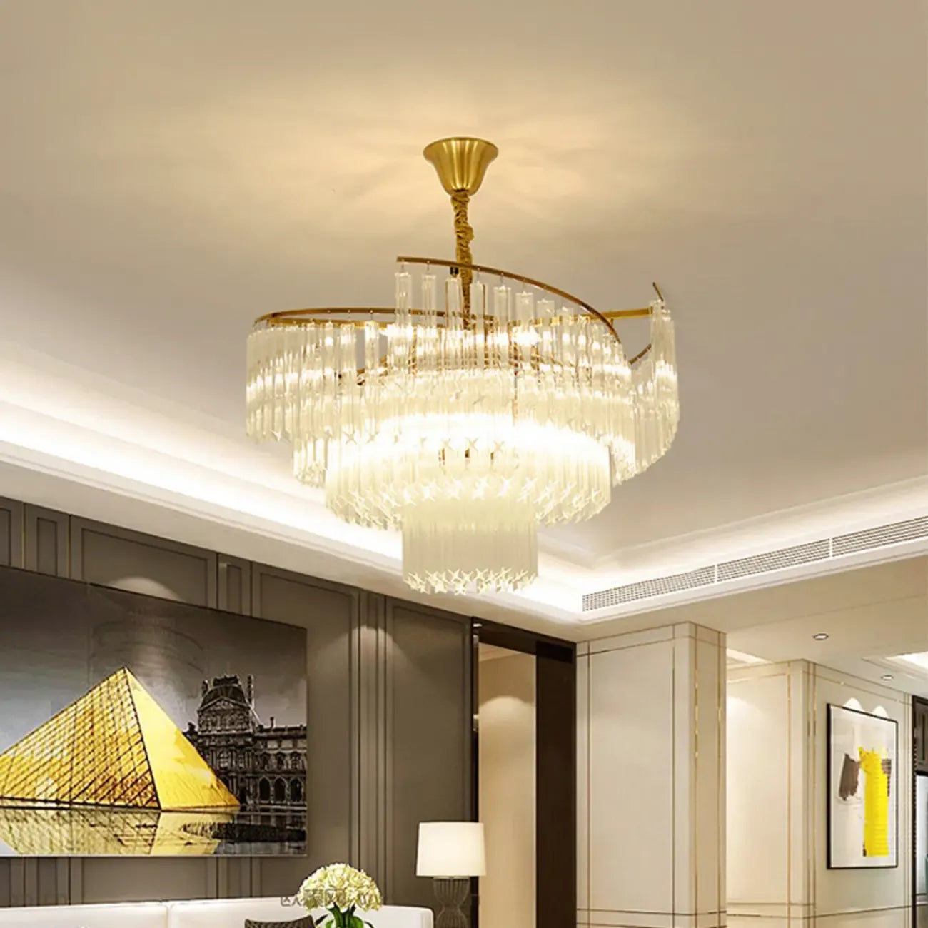 Modern Tier Round Gold Crystal Chandelier Height Adjustable