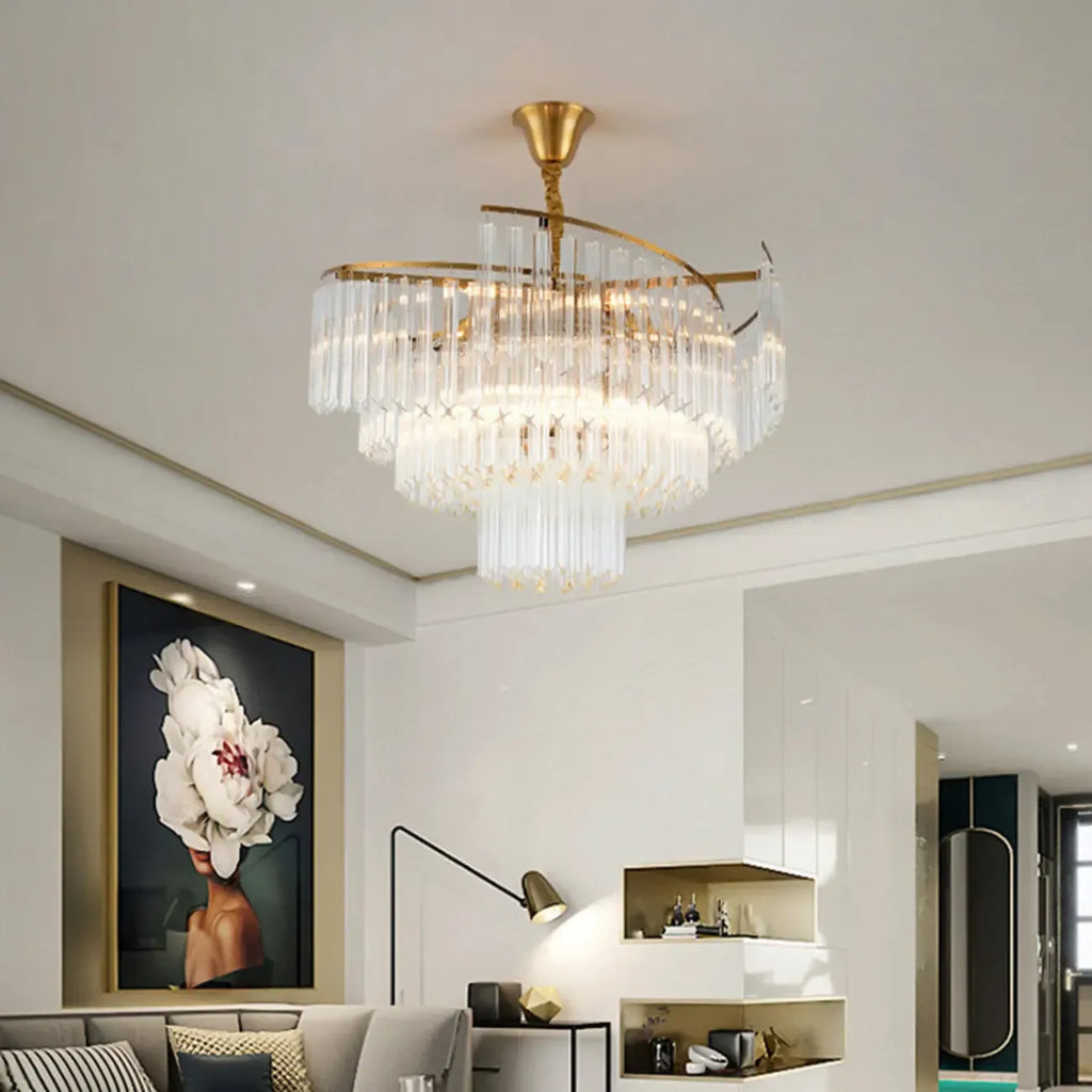 Modern Tier Round Gold Crystal Chandelier Height Adjustable