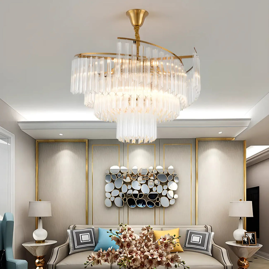 Modern Tier Round Gold Crystal Chandelier Height Adjustable