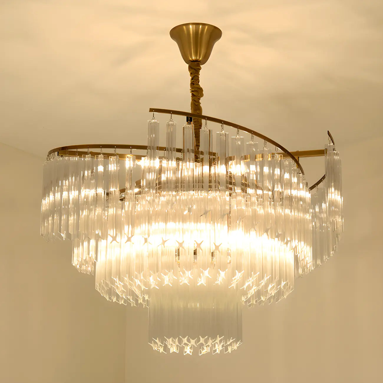 Modern Tier Round Gold Crystal Chandelier Height Adjustable