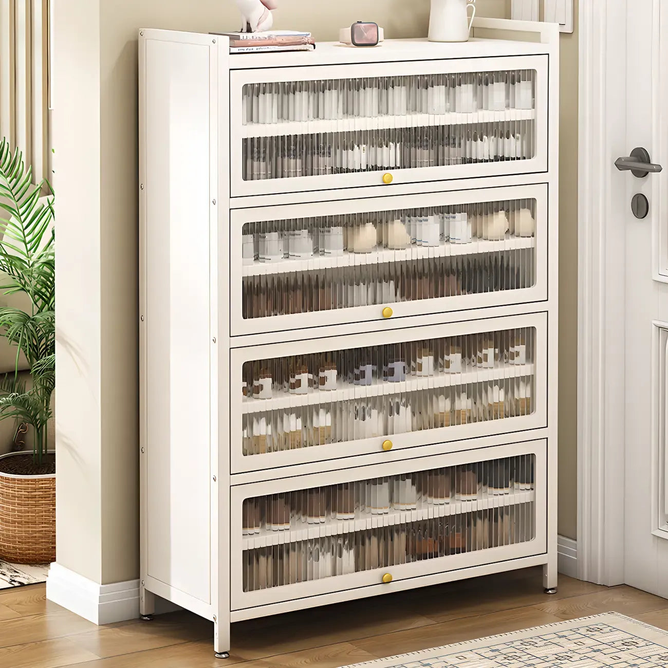 Flip-up Vertical White Shoe Storage with Glass Doors