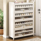 Flip-up Vertical White Shoe Storage with Glass Doors