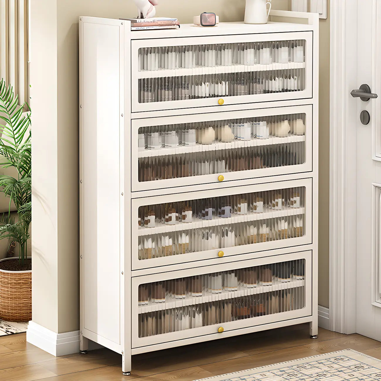 Flip-up Vertical White Shoe Storage with Glass Doors