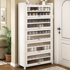 Flip-up Vertical White Shoe Storage with Glass Doors