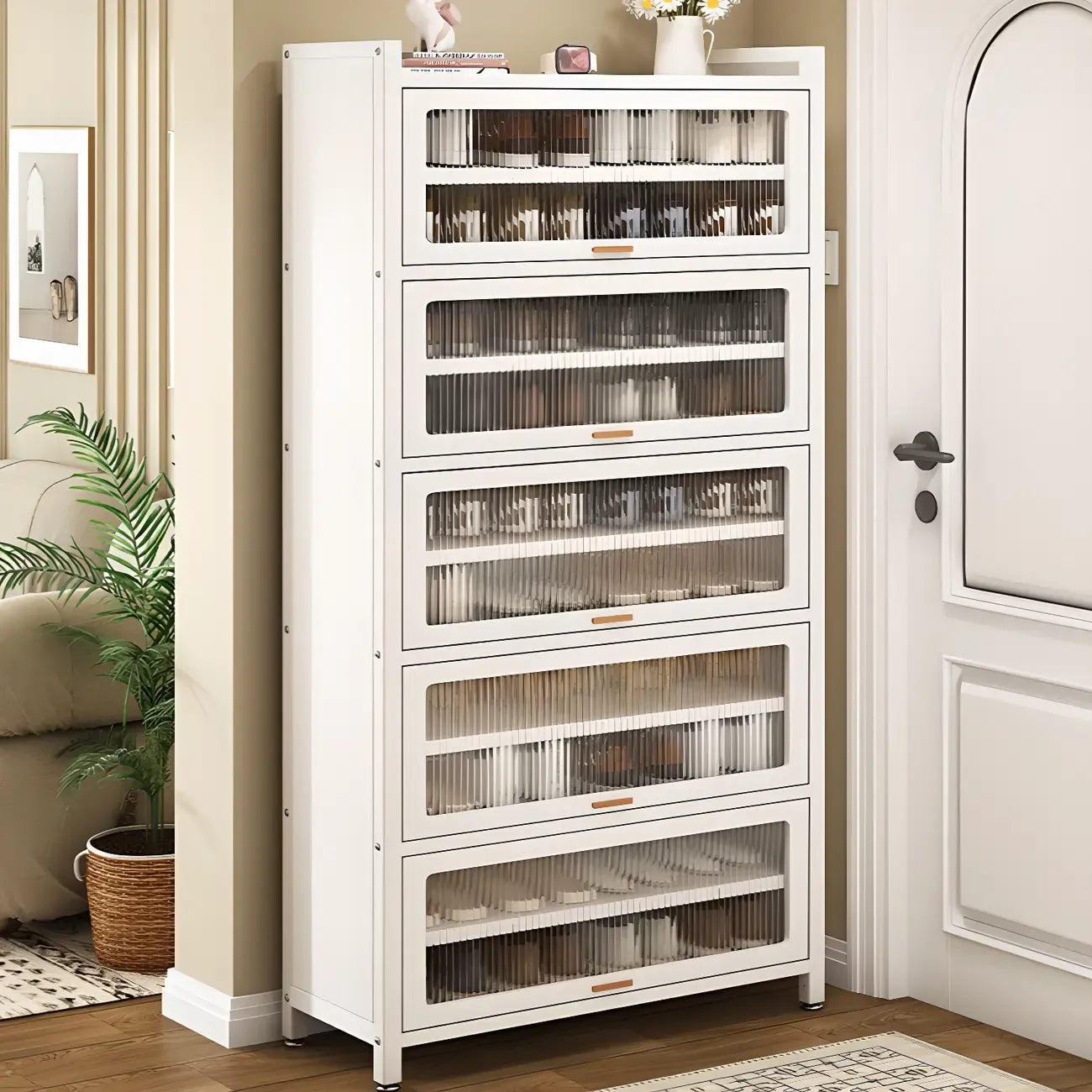 Flip-up Vertical White Shoe Storage with Glass Doors