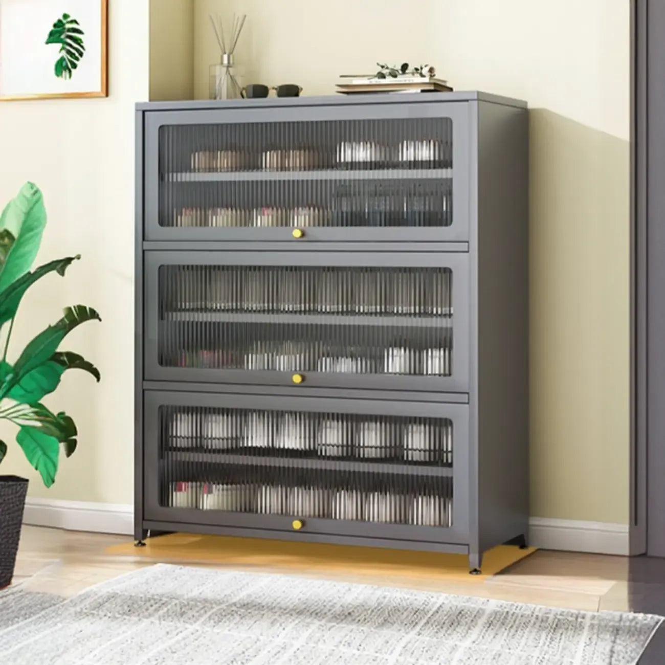 Flip-up Vertical White Shoe Storage with Glass Doors