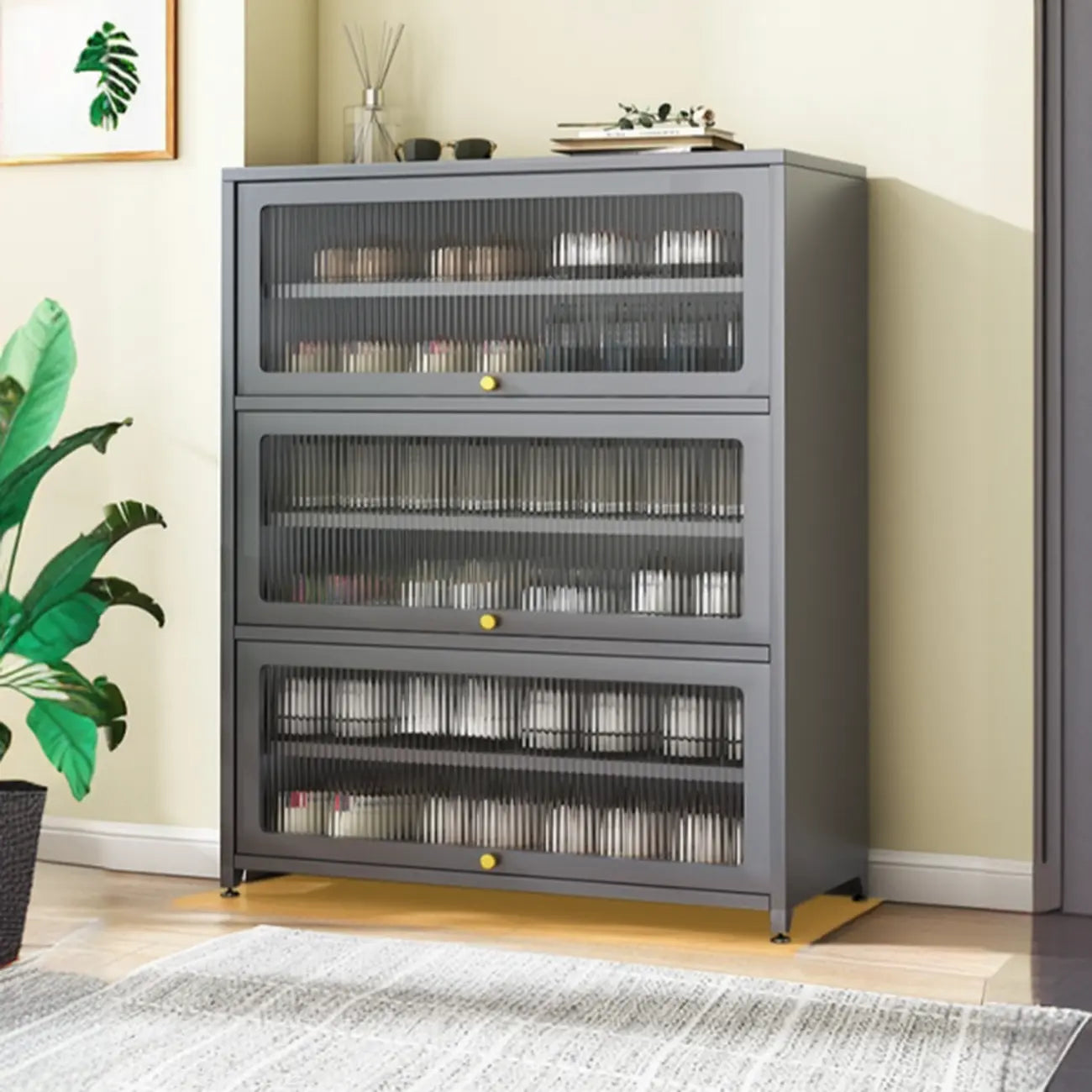 Flip-up Vertical White Shoe Storage with Glass Doors