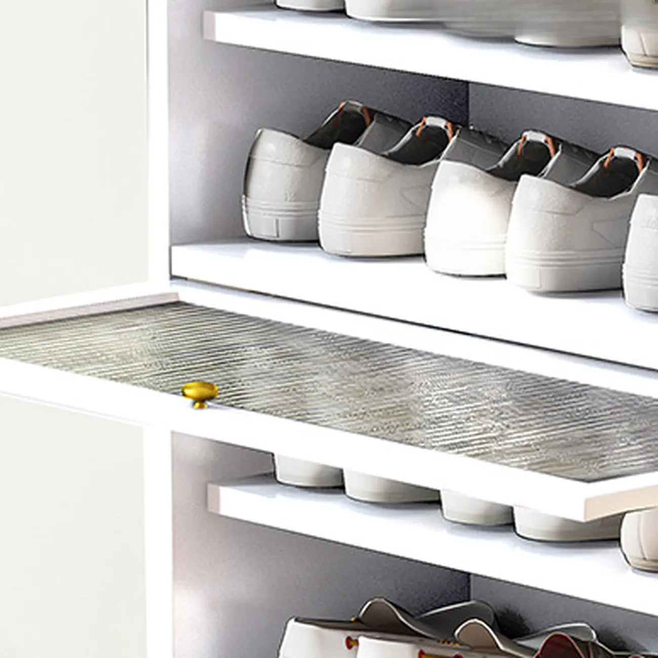 Flip-up Vertical White Shoe Storage with Glass Doors