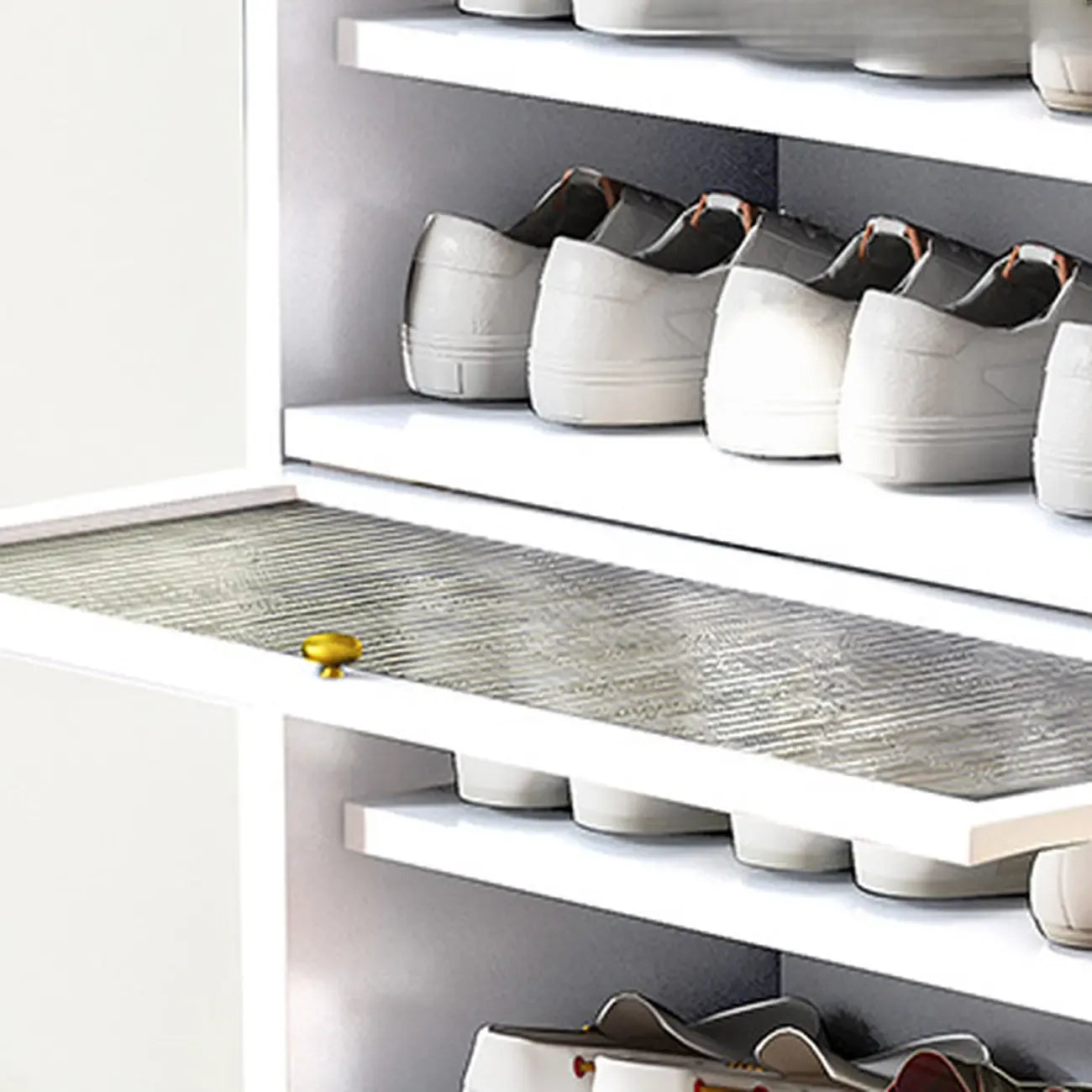 Flip-up Vertical White Shoe Storage with Glass Doors
