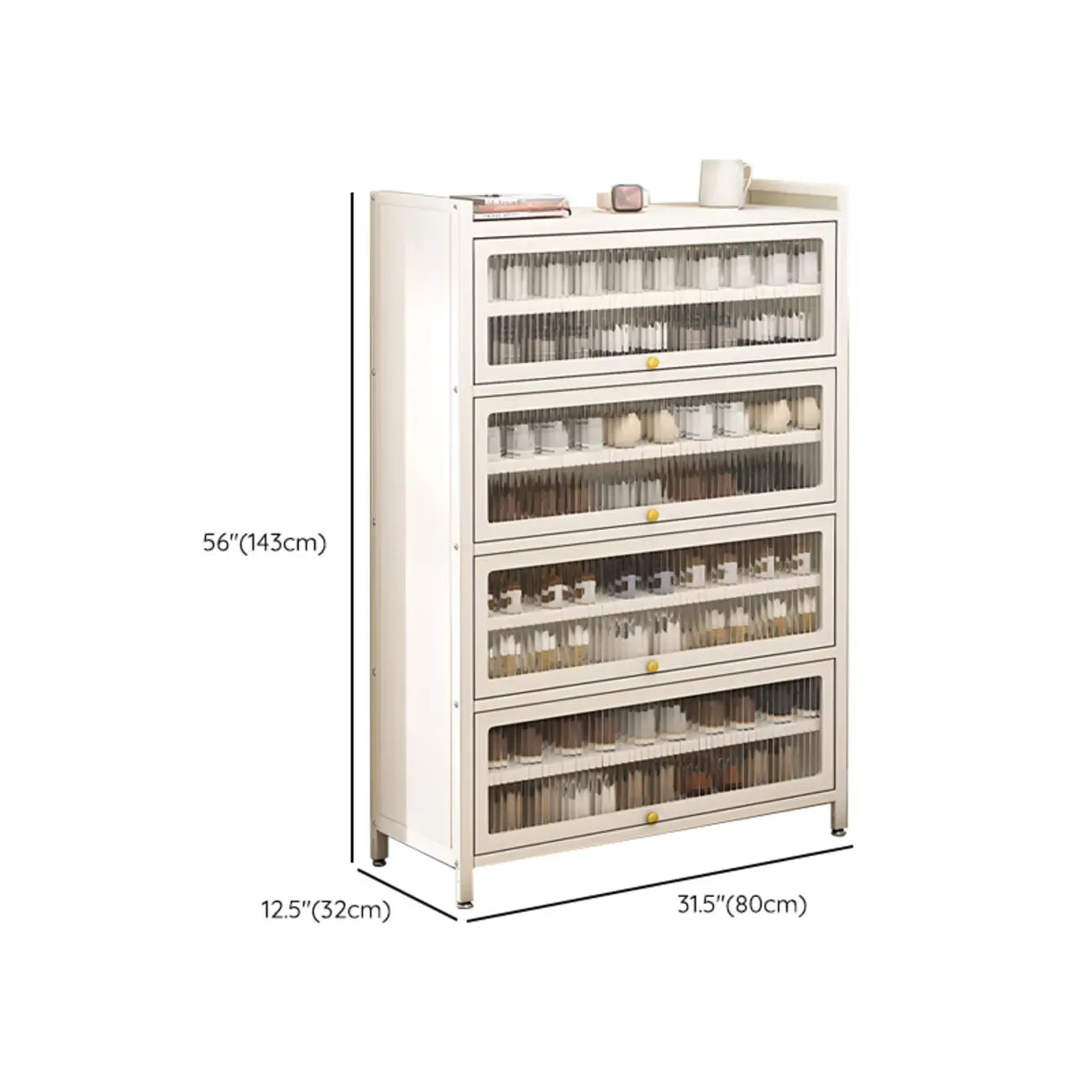 Flip-up Vertical White Shoe Storage with Glass Doors