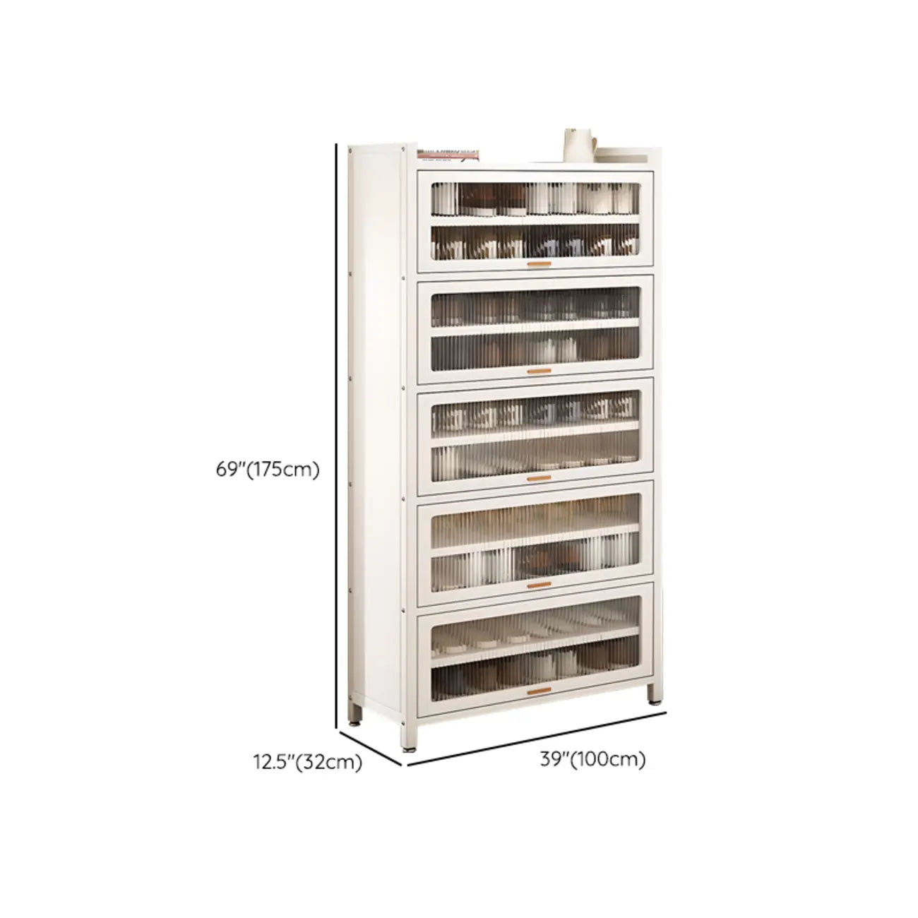 Flip-up Vertical White Shoe Storage with Glass Doors
