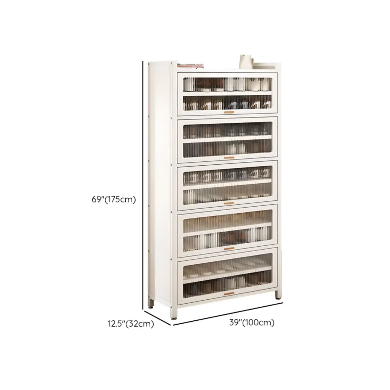 Flip-up Vertical White Shoe Storage with Glass Doors