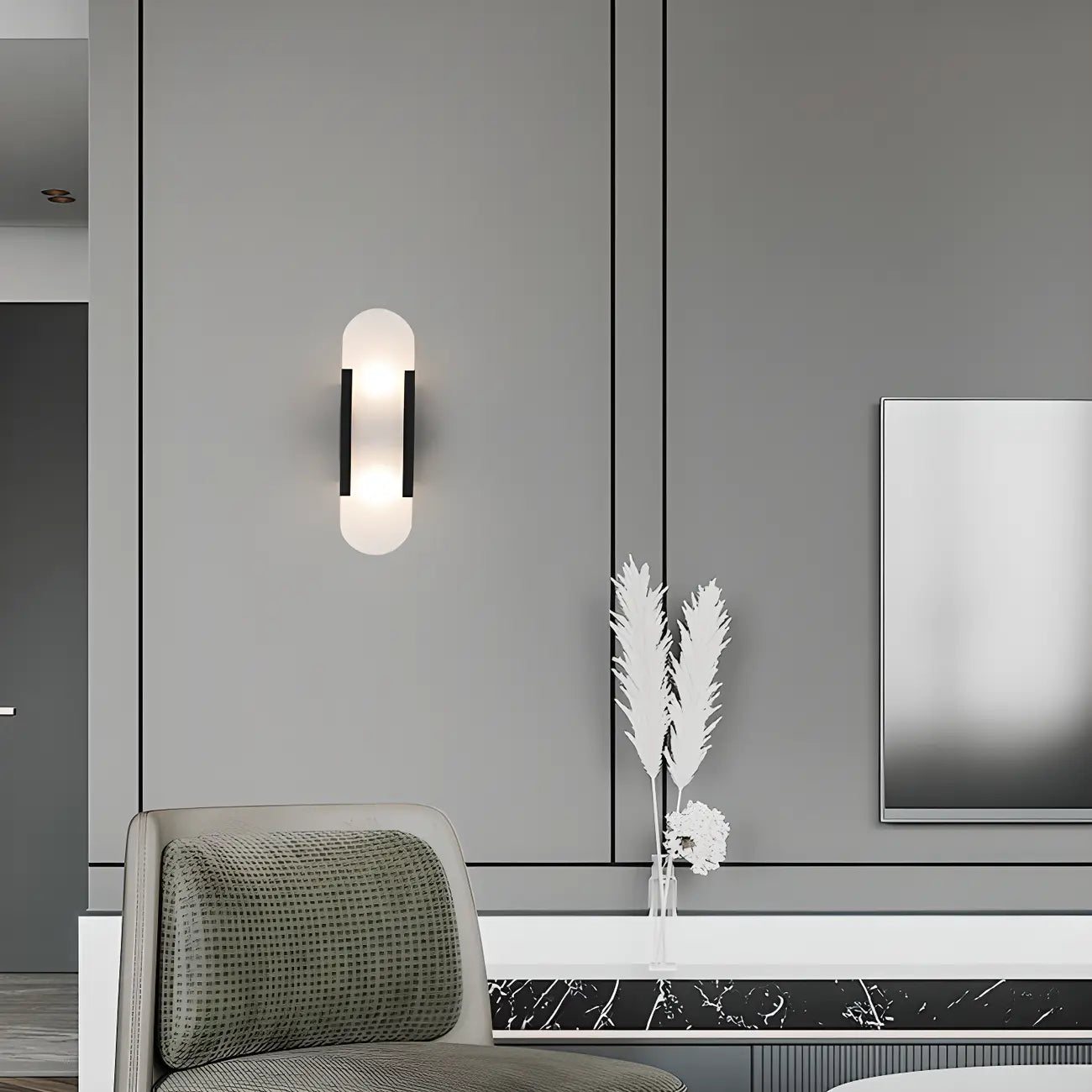 Modern Brass Oval Wall Light with Stone Chalk Shade