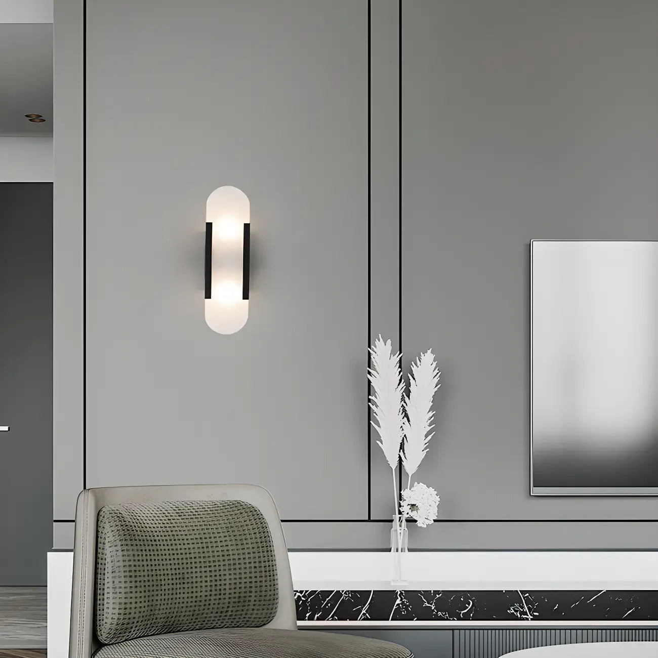 Modern Brass Oval Wall Light with Stone Chalk Shade