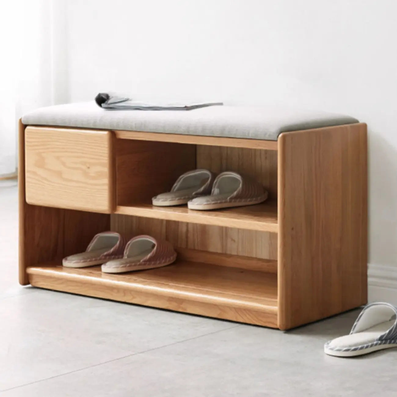 Scandinavian Oak Shoe Storage Bench with Cushion
