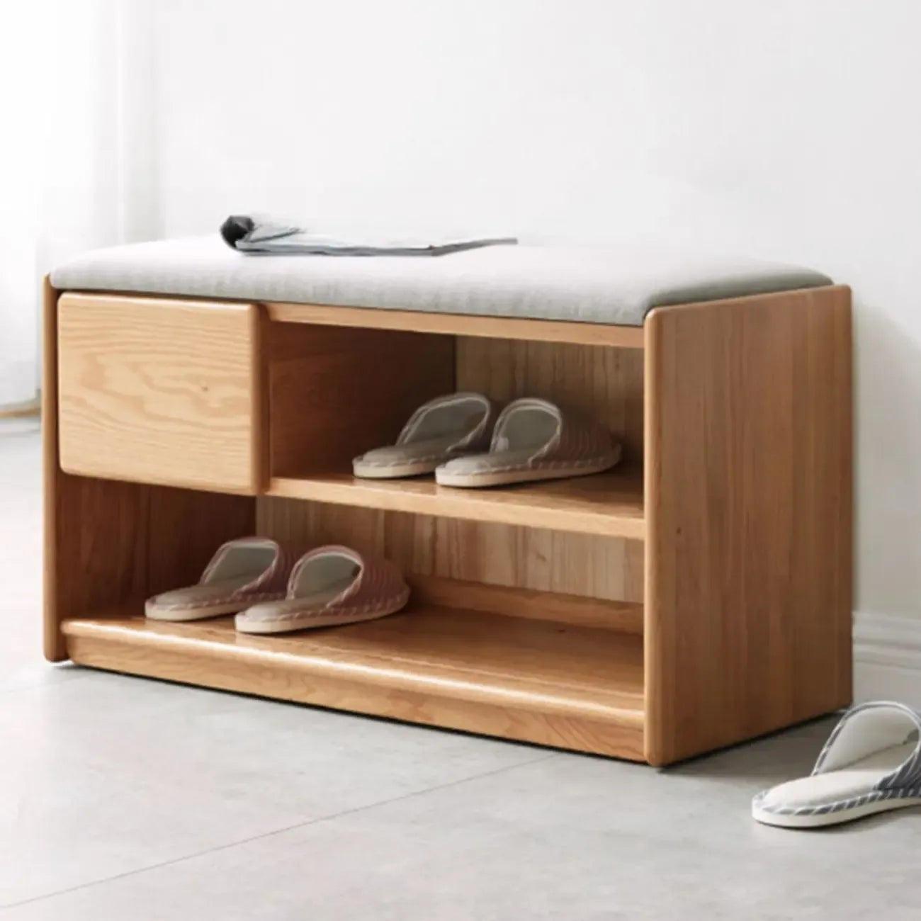 Scandinavian Oak Shoe Storage Bench with Cushion
