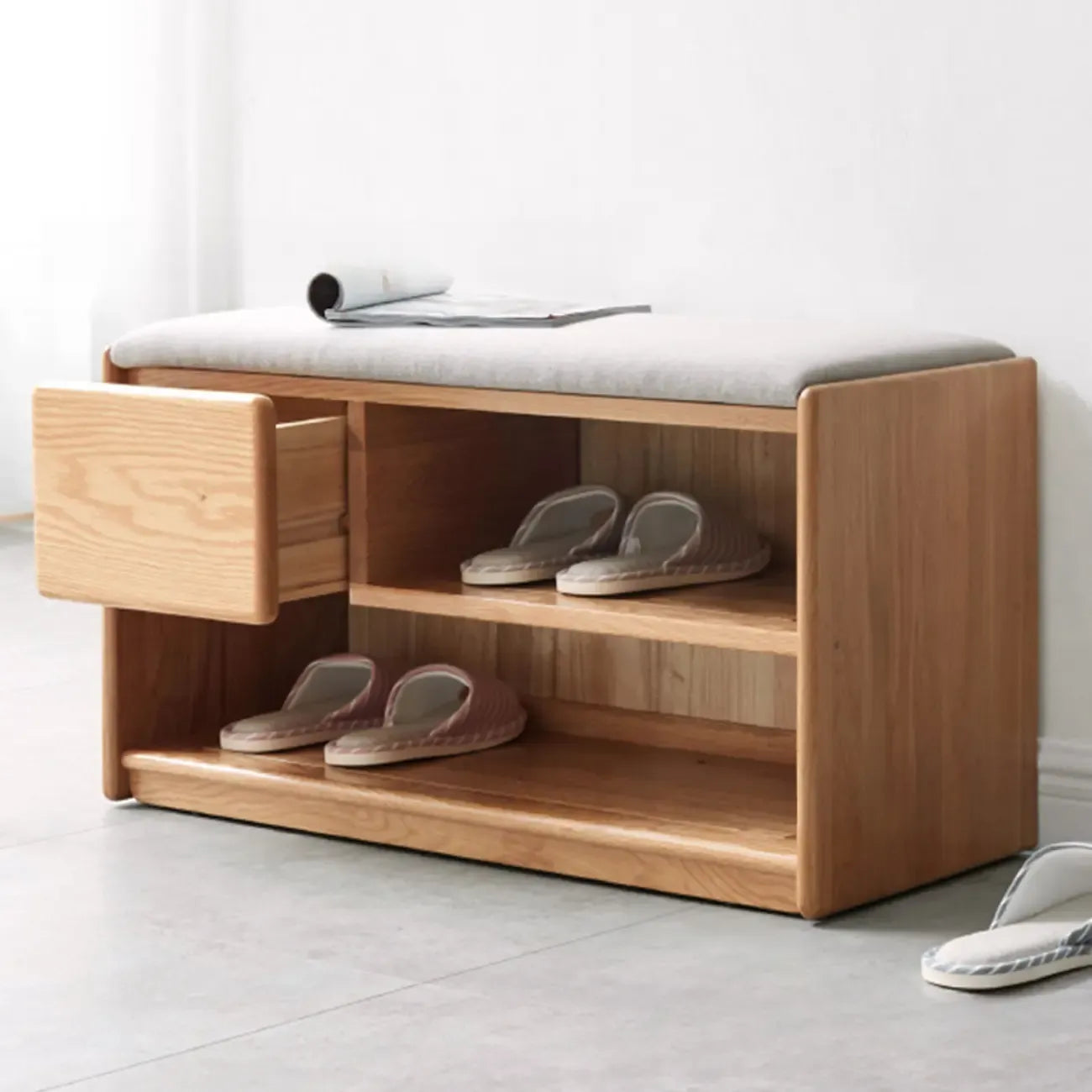 Scandinavian Oak Shoe Storage Bench with Cushion