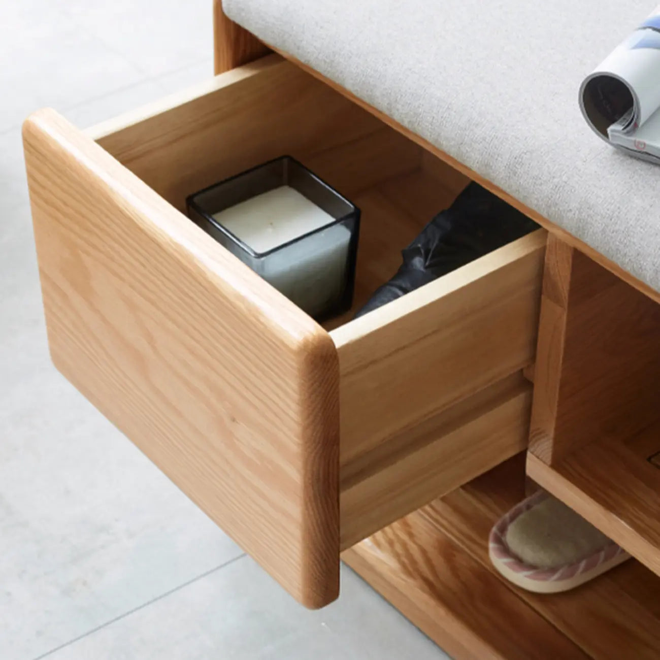 Scandinavian Oak Shoe Storage Bench with Cushion