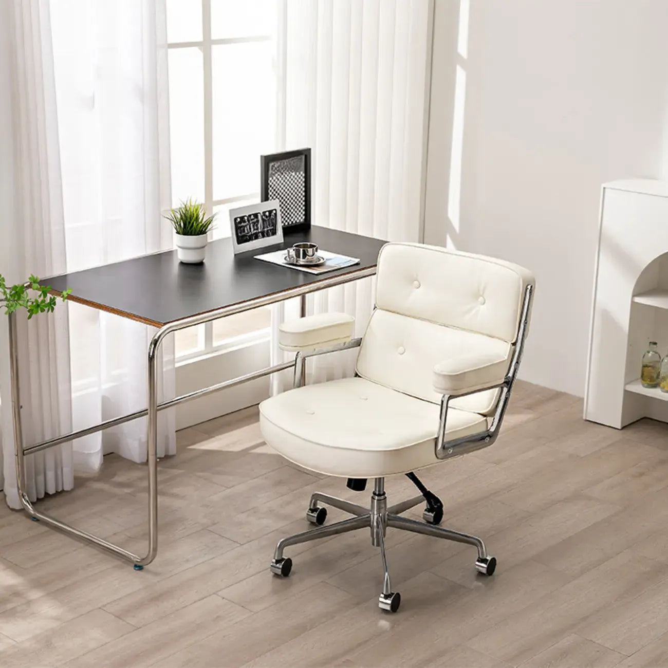 Upholstered Apricot Leather Adjustable Swivel Office Chair