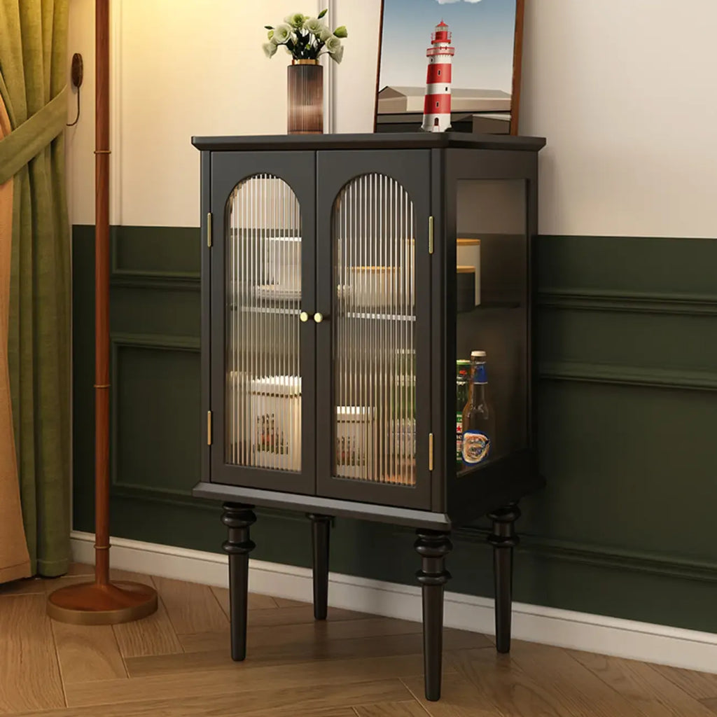 Traditional Black Wood Fluted & Clear Glass Storage Cabinet