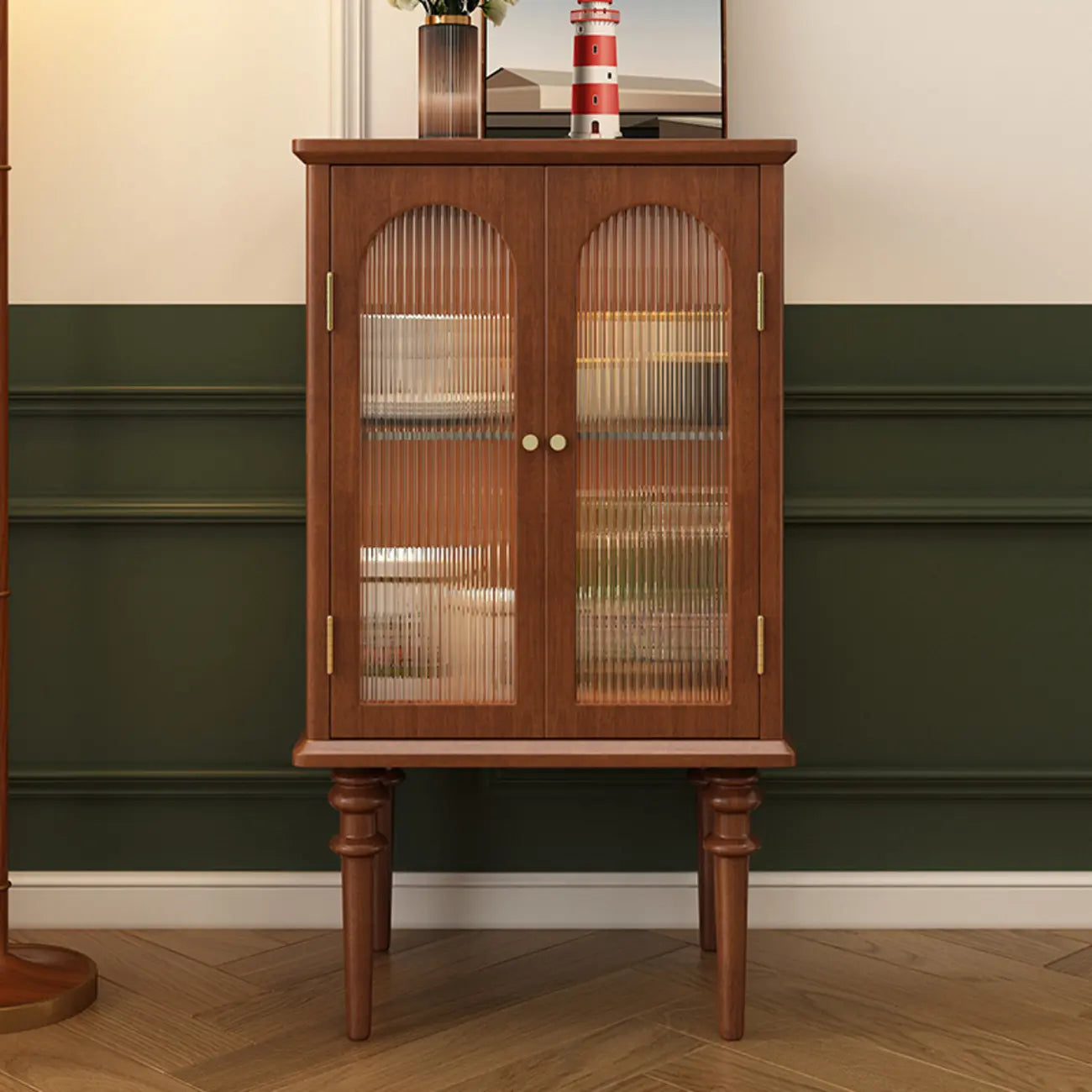 Traditional Black Wood Fluted & Clear Glass Storage Cabinet